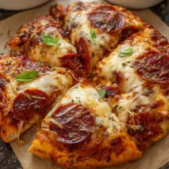 Pyszna pizza z pepperoni, z ciągnącym się serem i listkami bazylii, prosto z air fryera.