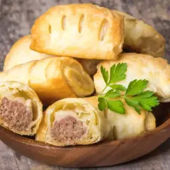 Stos pieczonego ciasta francuskiego z kiełbasą w środku, ozdobiony gałązką pietruszki.