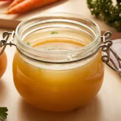 Słoik z domowym rosołem, obok cebula i marchewka. Zastanawiasz się, ile rosół może stać w lodówce?