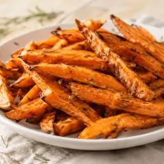 Chrupiące bataty z airfryer, przyprawione rozmarynem, wyglądają apetycznie na białym talerzu.