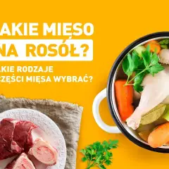 Jakie mięso na rosół? Na talerzu surowa wołowina z kością, w garnku gotujący się rosół z kurczakiem i warzywami.
