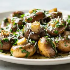Pyszne pieczarki z airfryera, posypane natką pietruszki i parmezanem, kuszą aromatem i apetycznym wyglądem.