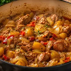 Gorąca, duszona karkówka w cebuli z ziemniakami i papryką, pachnąca przyprawami. To musi być najlepsza karkówka w cebuli!