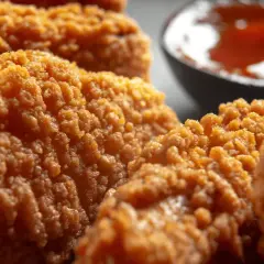 Chrupiące kawałki kurczaka w panierce, przypominającej panierkę KFC oryginalny przepis, z miseczką sosu w tle.