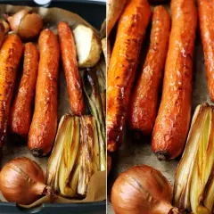 Pieczone warzywa: marchewki, pasternak, cebula i por, gotowe do przygotowania aromatycznego rosół z pieczonych warzyw.