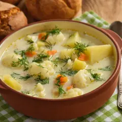Kremowe zupy z kalafiora, ziemniaków i marchewki, posypane świeżym koperkiem. Obok bułeczki i łyżka.