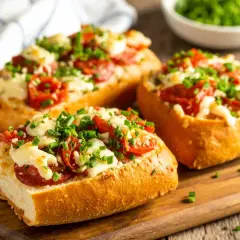 Pyszne zapiekanki z airfryer z serem, pomidorkami i szczypiorkiem na chrupiącej bagietce.