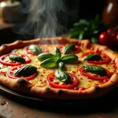 Gorąca pizza Margherita, idealna na włoski przepis. Pachnące pomidory, mozzarella i świeża bazylia.
