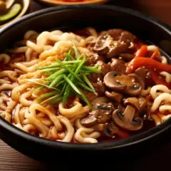 Pyszny makaron udon z grzybami, mięsem i szczypiorkiem. Idealny przepis na szybki obiad.