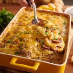 Zapiekanka ziemniaczana z kiełbasą, przypominająca smakiem pepperoni pizzę, w żółtym naczyniu, posypana natką pietruszki.