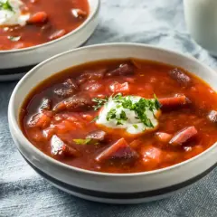 Dwie miseczki aromatycznej zupy z botwiny na mięsie, ozdobione kleksem śmietany i posiekaną natką pietruszki.