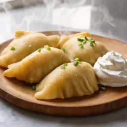 Gorące, parujące pierogi na drewnianym talerzu, ozdobione szczypiorkiem i porcją śmietany. Idealny przykład, jak ugotować pierogi.
