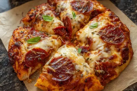 Pyszna pizza z pepperoni, z ciągnącym się serem i listkami bazylii, prosto z air fryera.