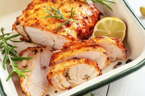 Soczysty filet z indyka, pokrojony w plastry, z rozmarynem i cytryną. Idealny pomysł, co zrobić z fileta z indyka na szybko.
