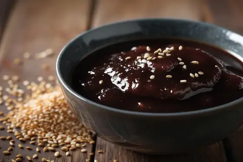 Gęsty, błyszczący sos teriyaki w misce, posypany sezamem. Obok garść prażonych ziaren sezamu. Idealny do dań kuchni azjatyckiej.