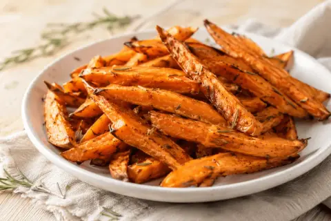 Chrupiące bataty z airfryer, przyprawione rozmarynem, wyglądają apetycznie na białym talerzu.
