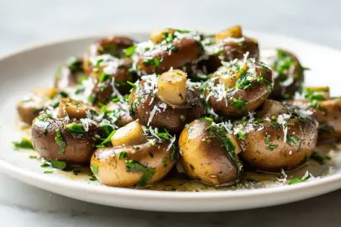 Pyszne pieczarki z airfryera, posypane natką pietruszki i parmezanem, kuszą aromatem i apetycznym wyglądem.
