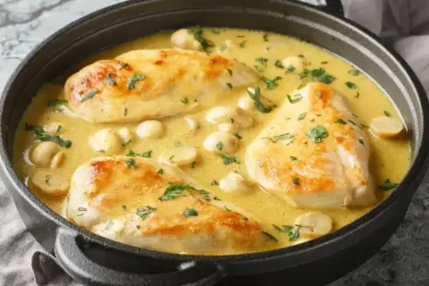 Pyszne piersi kurczaka w kremowym sosie z pieczarkami. Idealne co na obiad z piersi kurczaka, posypane świeżą natką pietruszki.