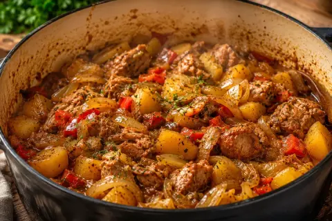 Gorąca, duszona karkówka w cebuli z ziemniakami i papryką, pachnąca przyprawami. To musi być najlepsza karkówka w cebuli!