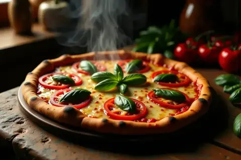 Gorąca pizza Margherita, idealna na włoski przepis. Pachnące pomidory, mozzarella i świeża bazylia.