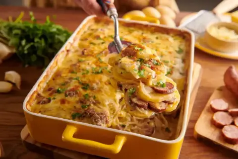 Zapiekanka ziemniaczana z kiełbasą, przypominająca smakiem pepperoni pizzę, w żółtym naczyniu, posypana natką pietruszki.
