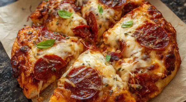 Pyszna pizza z pepperoni, z ciągnącym się serem i listkami bazylii, prosto z air fryera.