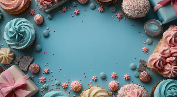 Słodki tort dla mamy, udekorowany kremem w kolorach błękitu i różu, z dodatkiem posypki i prezentów.