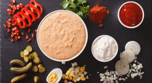 Składniki do sosu tysiąca wysp: majonez, ketchup, papryka, ogórki, jajko, cebula, papryka czerwona.
