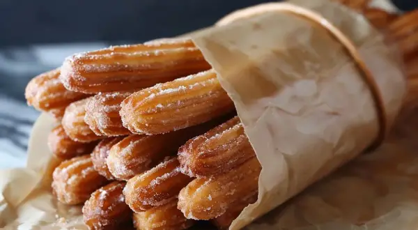Pyszne, posypane cukrem churros, zawinięte w papier. Chcesz wiedzieć, churros co to? To smażone ciasto, idealne na deser!