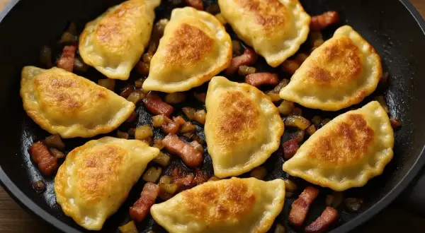 Złociste pierogi chłopskie smażone na patelni z chrupiącym boczkiem i ziemniakami. Pyszne danie prosto z kuchni.