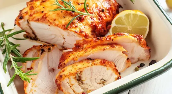 Soczysty filet z indyka, pokrojony w plastry, z rozmarynem i cytryną. Idealny pomysł, co zrobić z fileta z indyka na szybko.