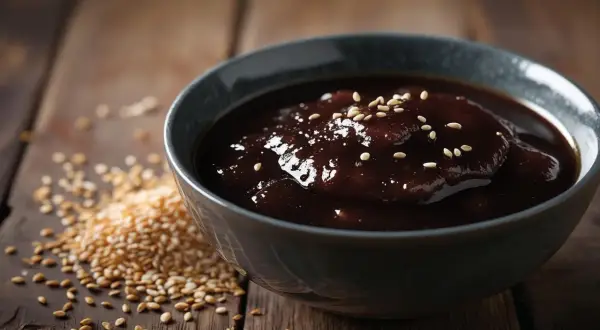 Gęsty, błyszczący sos teriyaki w misce, posypany sezamem. Obok garść prażonych ziaren sezamu. Idealny do dań kuchni azjatyckiej.