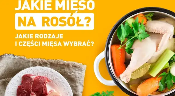 Jakie mięso na rosół? Na talerzu surowa wołowina z kością, w garnku gotujący się rosół z kurczakiem i warzywami.