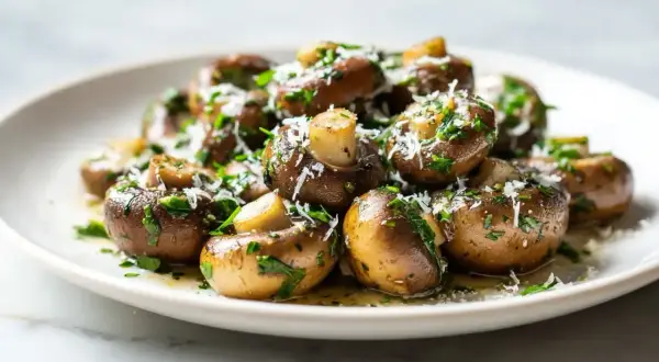 Pyszne pieczarki z airfryera, posypane natką pietruszki i parmezanem, kuszą aromatem i apetycznym wyglądem.