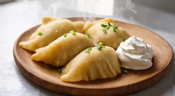 Gorące, parujące pierogi na drewnianym talerzu, ozdobione szczypiorkiem i porcją śmietany. Idealny przykład, jak ugotować pierogi.