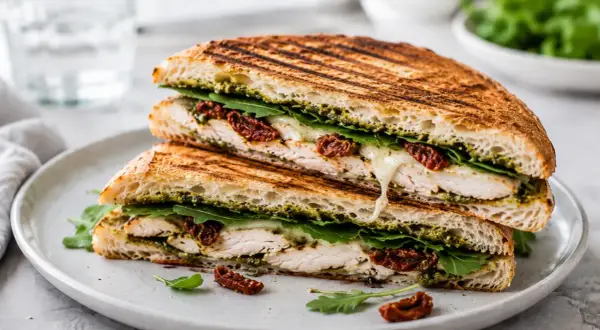 Pyszne panini z kurczakiem, mozzarellą, rukolą i suszonymi pomidorami, z sosem pesto. Idealne na lunch!