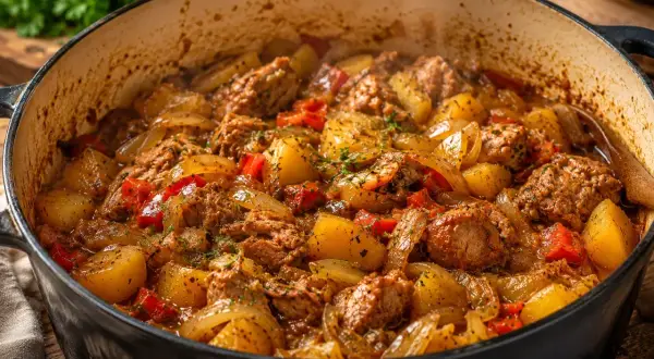 Gorąca, duszona karkówka w cebuli z ziemniakami i papryką, pachnąca przyprawami. To musi być najlepsza karkówka w cebuli!