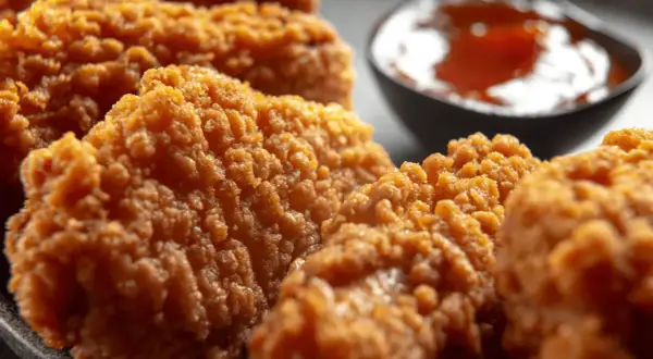 Chrupiące kawałki kurczaka w panierce, przypominającej panierkę KFC oryginalny przepis, z miseczką sosu w tle.