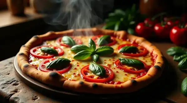 Gorąca pizza Margherita, idealna na włoski przepis. Pachnące pomidory, mozzarella i świeża bazylia.
