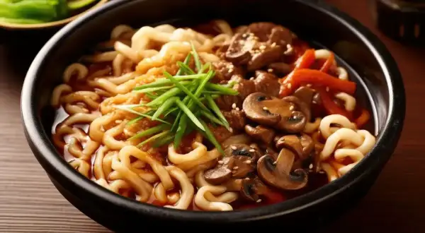 Pyszny makaron udon z grzybami, mięsem i szczypiorkiem. Idealny przepis na szybki obiad.