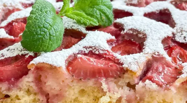 Wilgotne ciasto jogurtowe z budyniem i truskawkami, posypane cukrem pudrem i ozdobione miętą.