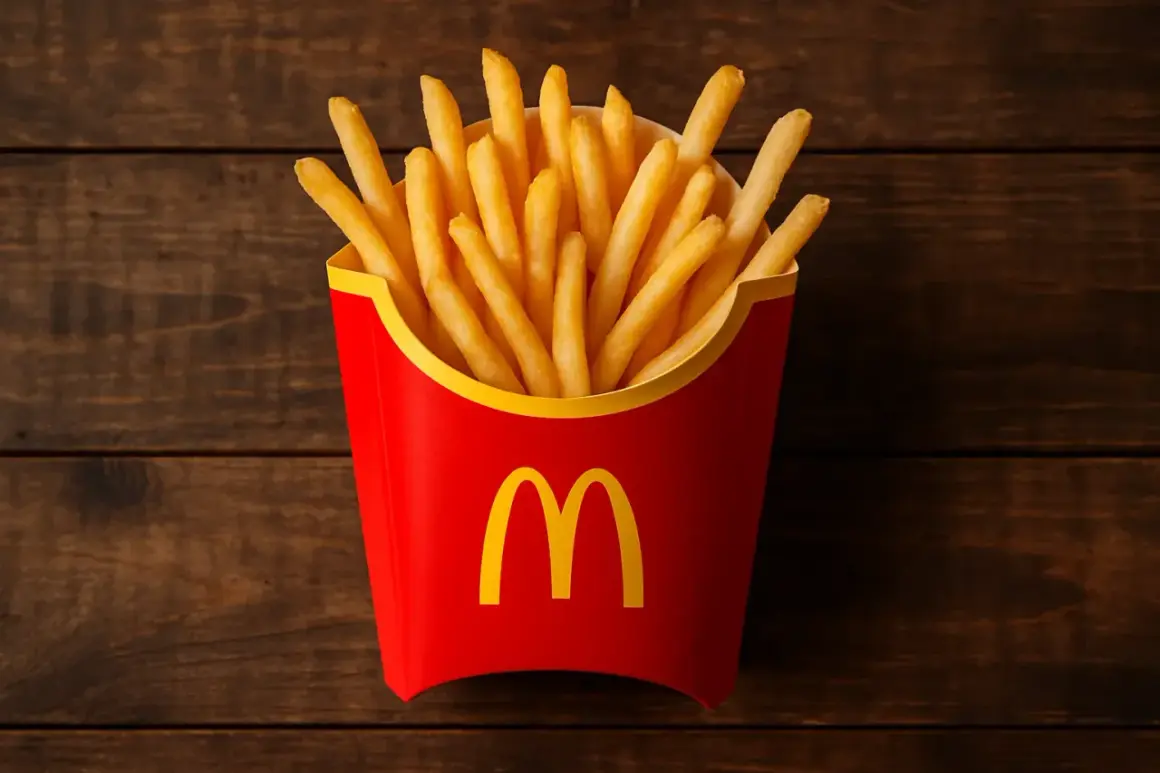 Duże frytki McDonald's w czerwonym opakowaniu na drewnianym tle.
