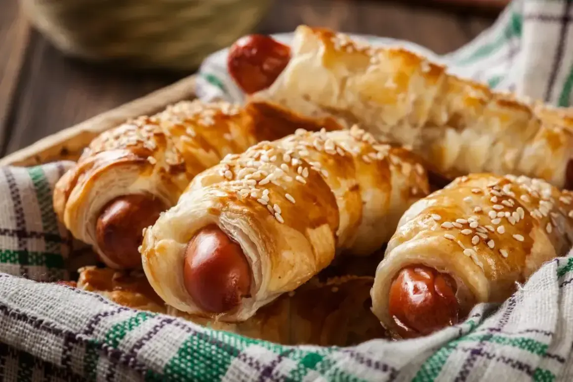 Chrupiące parówki w cieście francuskim z serem żółtym, posypane sezamem, ułożone w koszyku na kratkowanej ściereczce.