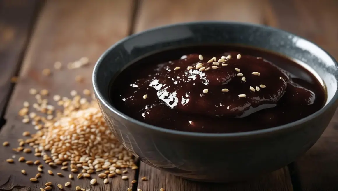 Gęsty, błyszczący sos teriyaki w misce, posypany sezamem. Obok garść prażonych ziaren sezamu. Idealny do dań kuchni azjatyckiej.