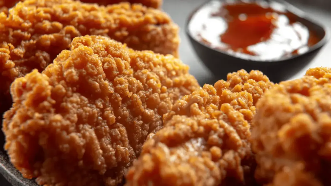 Chrupiące kawałki kurczaka w panierce, przypominającej panierkę KFC oryginalny przepis, z miseczką sosu w tle.