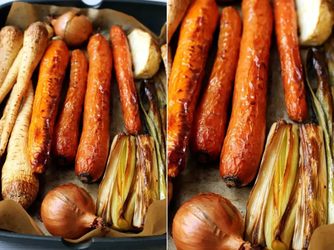 Pieczone warzywa: marchewki, pasternak, cebula i por, gotowe do przygotowania aromatycznego rosół z pieczonych warzyw.