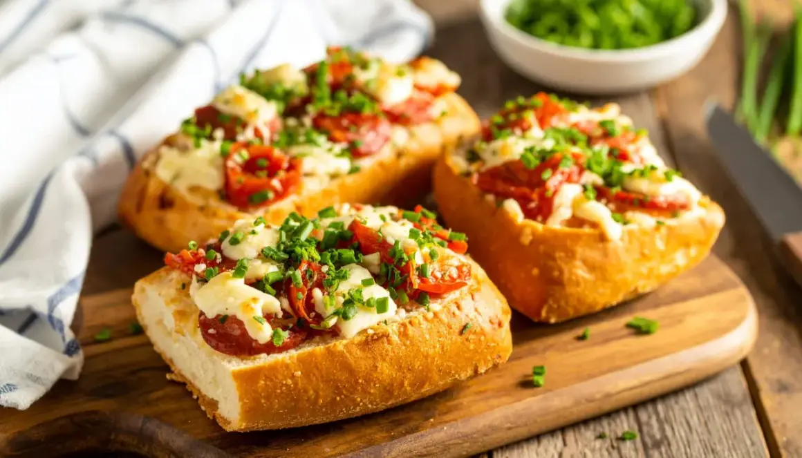 Pyszne zapiekanki z airfryer z serem, pomidorkami i szczypiorkiem na chrupiącej bagietce.
