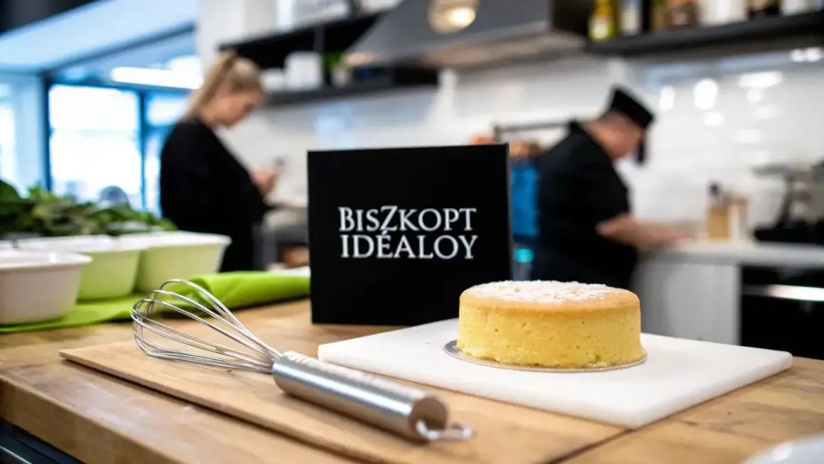 Idealny biszkopt czeka na dekorację. W tle widać kucharzy przygotowujących kolejne smakołyki.
