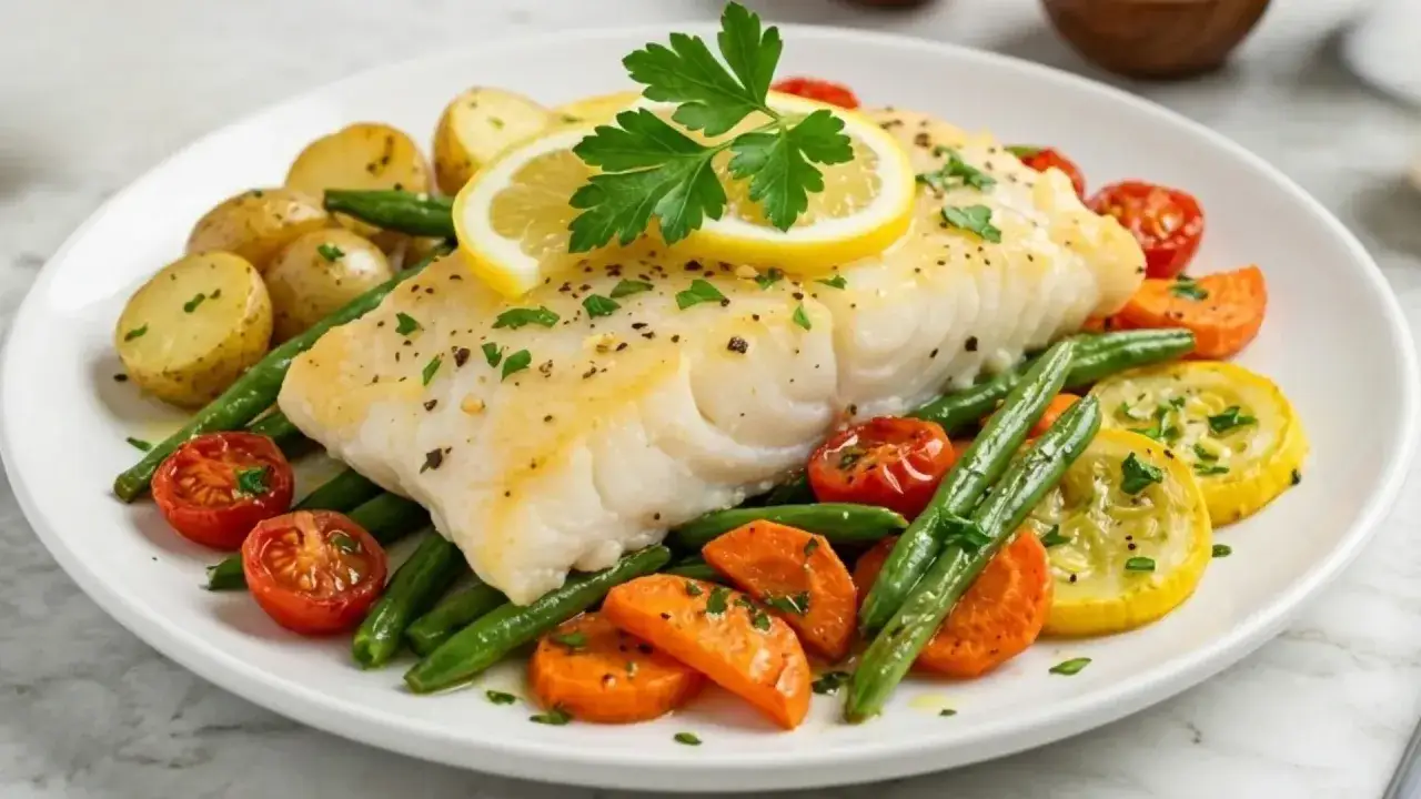 Idealny lekki obiad: pieczony filet rybny z cytryną, ziemniakami, fasolką szparagową, marchewką i pomidorkami.