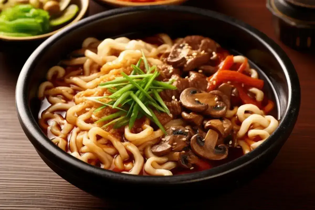 Pyszny makaron udon z wołowiną, grzybami i szczypiorkiem. Idealny przepis na szybki obiad.